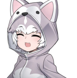 Rule 34 | 1girl, ^ ^, blush, breasts, closed eyes, dog (mixed breed) (kemono friends), facing viewer, fang, grey hair, kemono friends, medium breasts, multicolored hair, nyifu, open mouth, raincoat, short hair, simple background, smile, solo, two-tone hair, upper body, white background, white hair