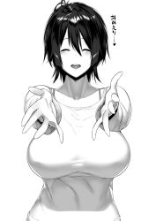 Rule 34 | 1girl, black hair, bra strap, breasts, commentary request, closed eyes, greyscale, hair between eyes, hakai shin, heart, highres, large breasts, long sleeves, monochrome, open mouth, original, outstretched arms, short hair, standing, sweater, translated