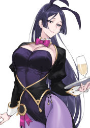 Rule 34 | 1girl, animal ears, black jacket, blush, breasts, cleavage, cup, drinking glass, fake animal ears, fate/grand order, fate (series), highres, jacket, large breasts, leotard, long hair, long sleeves, looking at viewer, minamoto no raikou (fate), nakuta, pantyhose, parted bangs, playboy bunny, purple eyes, purple hair, purple leotard, purple pantyhose, rabbit ears, simple background, smile, tray, very long hair, white background, wine glass