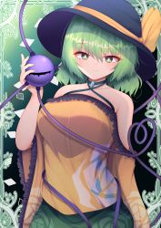 Rule 34 | 1girl, adapted costume, bare shoulders, black hat, blouse, bow, breasts, bright pupils, closed mouth, collarbone, commentary request, dark background, darumoon, floral print, frills, gradient background, green background, green eyes, green hair, green skirt, hair between eyes, halterneck, hat, hat bow, highres, komeiji koishi, large breasts, looking at viewer, shirt, short hair, simple background, skirt, smile, solo, touhou, white pupils, wide sleeves, yellow bow, yellow shirt