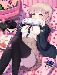 Rule 34 | 1girl, animal print, black jacket, black thighhighs, blunt bangs, blush, brand name imitation, breasts, brown skirt, commentary request, danganronpa (series), danganronpa 2: goodbye despair, feet out of frame, flipped hair, from above, game boy, game boy (original), game console, hair ornament, hairclip, handheld game console, heart, highres, holding, hood, indoors, jacket, kyundoo, large breasts, long sleeves, looking at viewer, lying, mario (series), medium breasts, nanami chiaki, neck ribbon, nintendo, on back, on bed, open clothes, panties, pantyshot, pillow, pink eyes, pink hair, pink ribbon, playing games, playstation controller, playstation portable, pleated skirt, rabbit print, ribbon, school uniform, shirt, short hair, skirt, solo, spaceship hair ornament, super mario bros. 3, television, tetris, thighhighs, underwear, white shirt