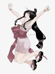Rule 34 | 1girl, ace attorney, arms up, bead necklace, beads, black hair, breasts, clenched hands, closed eyes, full body, grey background, half updo, highres, japanese clothes, jewelry, kimono, long hair, magatama, magatama necklace, maya fey, necklace, obi, okobo, omen hohoho, sandals, sash, sidelocks, simple background, sleeveless, small breasts, smile, solo