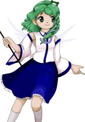 Rule 34 | 1girl, bare shoulders, blue skirt, closed mouth, detached sleeves, frog hair ornament, gohei, green eyes, green hair, hair ornament, holding, holding gohei, japanese clothes, kneehighs, kochiya sanae, long hair, nontraditional miko, skirt, smile, snake hair ornament, socks, solo, touhou, unfinished dream of all living ghost, white sleeves, white socks, wide sleeves, zun (artist)