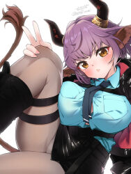 Rule 34 | 1girl, animal ears, arknights, black footwear, black jacket, black necktie, black skirt, blush, boots, breast press, breasts, brown eyes, button gap, closed mouth, cow ears, cow girl, cow horns, cow tail, horns, jacket, knee boots, knee up, large breasts, long sleeves, looking at viewer, miniskirt, necktie, open clothes, open jacket, panties, pantyshot, purple hair, seto tinami, short hair, sideroca (arknights), signature, simple background, skirt, solo, tail, thigh strap, twitter username, underwear, upskirt, v, v-shaped eyebrows, white background