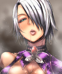 Rule 34 | asymmetrical clothes, bakuya, bare shoulders, blush, bow, breasts, cleavage, close-up, colored eyelashes, dress, gem, green eyes, hair over one eye, high collar, highres, isabella valentine, large breasts, looking at viewer, parted lips, purple bow, purple dress, saliva, saliva trail, short hair, solo, soul calibur, sweat, white hair