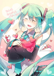 Rule 34 | aqua hair, bare shoulders, book, detached sleeves, closed eyes, happy, happy tears, hatsune miku, heart, long hair, open book, open mouth, paper airplane, rella, sleeves past wrists, smile, tears, twintails, very long hair, vocaloid