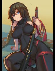 Rule 34 | 1girl, arm support, aro (charged time out), bare shoulders, black hair, blue eyes, bodysuit, breasts, closed mouth, covered erect nipples, covered navel, foreshortening, katana, large breasts, long hair, original, pillarboxed, sitting, smile, solo, sword, very long hair, weapon