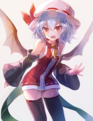 Rule 34 | 1girl, 60mai, alternate costume, bare shoulders, bat wings, bell, black thighhighs, blue hair, bow, collar, detached sleeves, dress, fang, hat, hat bow, mob cap, nail polish, neck bell, open mouth, pink hat, red bow, red dress, red eyes, red nails, remilia scarlet, santa costume, short dress, simple background, smile, solo, thighhighs, touhou, wide sleeves, wings