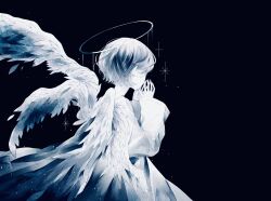 Rule 34 | 1girl, angel, angel wings, black background, frozen, halo, highres, praying, short hair, solo, wings
