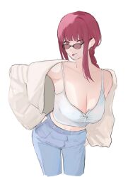 Rule 34 | 1girl, :p, armpits, blue pants, breasts, cardigan, chainsaw man, cleavage, collarbone, cropped legs, cropped shirt, denim, highres, jeans, large breasts, leaning forward, looking at viewer, makima (chainsaw man), midriff, navel, pants, partially unbuttoned, red eyes, ringed eyes, shirt, sidelocks, simple background, sleeveless, sleeveless shirt, solo, spaghetti strap, tinted eyewear, tongue, tongue out, white background, white cardigan, white shirt, yumiki