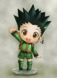 Rule 34 | 1boy, :d, belt, black hair, boots, brown eyes, dollyly21, fishing rod, gon freecss, highres, hunter x hunter, male focus, open mouth, shorts, smile, solo, standing, waving