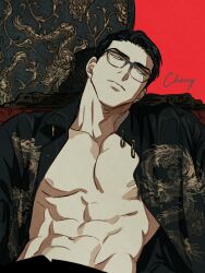 Rule 34 | 1boy, abs, black hair, black shirt, blue eyes, chang liu, character name, dragon, eastern dragon, glasses, jaxx s2, korean commentary, leaning back, looking to the side, muscular, muscular male, open clothes, open shirt, pectorals, red background, semi-rimless eyewear, shirt, solo, walk on water