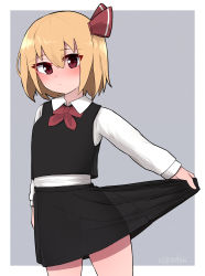 Rule 34 | 1girl, absurdres, black skirt, black vest, blonde hair, blouse, blush, bow, bowtie, child, closed mouth, cowboy shot, frown, furrowed brow, hair between eyes, hair ribbon, highres, red bow, red bowtie, red eyes, red ribbon, ribbon, rumia, see-through, see-through skirt, shirt, short hair, skirt, skirt hold, skirt set, solo, topadori, touhou, vest, white background, white shirt