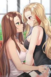 2girls, absurdres, alternate costume, bare shoulders, black legwear, black shirt, blonde hair, blush, breasts, brown hair, cleavage, closed mouth, female commander (girls frontline), from side, garter straps, girl on top, girls frontline, green eyes, highres, large breasts, lee-enfield (girls frontline), long hair, looking at another, multicolored hair, multiple girls, parted lips, red eyes, red hair, rynzfrancis, shirt, sleeveless, sleeveless shirt, smile, streaked hair, thighhighs, white shirt, yuri