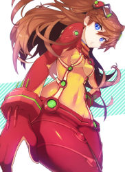 Rule 34 | 00s, 1girl, blue eyes, bodysuit, bracer, breasts, brown hair, colored eyelashes, colorized, covered navel, cowboy shot, dutch angle, evangelion: 2.0 you can (not) advance, floating hair, foreshortening, from below, gloves, hair between eyes, hair ornament, hairpods, hip focus, interface headset, latex, long hair, looking at viewer, multicolored clothes, narrow waist, neon genesis evangelion, parted lips, pilot suit, plugsuit, rebuild of evangelion, red bodysuit, see-through, see-through bodysuit, shiny clothes, skin tight, small breasts, solo, souryuu asuka langley, striped, striped background, test plugsuit, thighs, turtleneck, very long hair, white background, wide hips, yurizuka (sergeant heart)