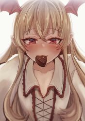 Rule 34 | 1girl, blonde hair, blurry, blush, candy, chocolate, chocolate heart, collarbone, commentary request, food, granblue fantasy, head wings, heart, highres, long hair, looking at viewer, mouth hold, pointy ears, red eyes, shingeki no bahamut, smile, solo, upper body, usameruti, vampy, wings