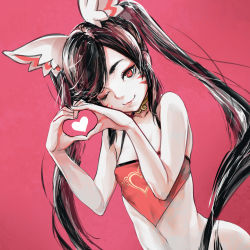 Rule 34 | 1girl, animal ears, brown hair, collarbone, commentary, english commentary, facial mark, heart, heart hands, jewelry, long hair, looking at viewer, navel, necklace, one eye closed, original, red background, red eyes, robot cat (robotcatart), sidelocks, simple background, solo, stomach, swept bangs, twintails, upper body, whisker markings