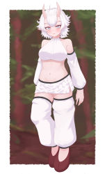 Rule 34 | 1girl, absurdres, breasts, closed mouth, crop top, detached sleeves, eka kinoko, grey eyes, highres, horns, large breasts, looking at viewer, navel, original, personification, pointy ears, short hair, sleeveless, solo, spiked hair, white hair