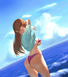 Rule 34 | 13th clown, 1girl, ass, beach, bikini, breasts, brown eyes, brown hair, dead or alive, kasumi (doa), large breasts, long hair, looking back, ocean, solo, swimsuit, tecmo, undressing, water