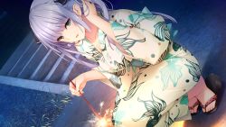 Rule 34 | 1girl, adjusting hair, blue eyes, blush, breasts, cleavage, feet, female focus, fireworks, floor, full body, game cg, geta, grass, hibiki works, holding, iizuki tasuku, japanese clothes, kimono, large breasts, legs, light blush, light purple hair, long hair, looking at viewer, night, obi, original, outdoors, parted lips, purple hair, sandals, sash, smile, solo, sparkler, squatting, stairs, suiren to shion, thighs, tiptoes, toes, two side up, wakami shion, wide sleeves, yukata