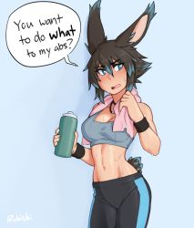 Rule 34 | 1girl, animal ears, aqua pants, bare shoulders, black pants, bottle, breasts, brown hair, cleavage, disgust, english text, grey hair, groin, highres, holding, large breasts, multicolored hair, navel, open mouth, original, pants, rabbit ears, rob ishi, solo, speech bubble, sports bra, stomach, sweat, toned, towel, towel around neck, two-tone hair, wristband