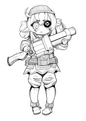 Rule 34 | 1girl, absurdres, ahoge, alternate costume, blush, boots, brown gloves, bulletproof vest, clover, clover print, combat boots, commentary request, cosplay, demoman (tf2), eyepatch, four-leaf clover, full body, genshin impact, gloves, grenade launcher, greyscale, gun, hair between eyes, hat, highres, holding, holding gun, holding weapon, klee (genshin impact), knee boots, long hair, long sleeves, looking at viewer, monochrome, parted lips, pocket, pointy ears, sidelocks, simple background, solo, standing, team fortress 2, the demoman, the demoman (cosplay), unusualpie, v-shaped eyebrows, weapon