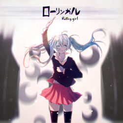 Rule 34 | 1girl, arm up, bandage on face, bandages, bandaid, bandaid on face, bandaid on nose, black sweater, black thighhighs, blurry, blurry background, collared shirt, commentary, cowboy shot, crying, crying with eyes open, hand on own chest, hatsune miku, index finger raised, red skirt, rolling girl (vocaloid), shirt, skirt, solo, song name, sweater, swirl, tears, thighhighs, vocaloid, white shirt, yen-mi, zettai ryouiki