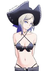 Rule 34 | 1girl, arms behind back, azur lane, bikini, black bikini, blonde hair, blue eyes, breasts, cleavage, cosplay, criss-cross halter, front-tie bikini top, front-tie top, grey shorts, halterneck, hat, jean bart (azur lane), jean bart (azur lane) (cosplay), jean bart (kancolle), jean bart (private apres midi) (azur lane), kantai collection, mole, mole under eye, multicolored hair, name connection, pirate hat, rekka yamato, short hair, shorts, small breasts, solo, swimsuit