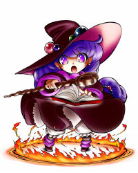 Rule 34 | 1girl, :o, ahoge, book, dress, eibon, fire, full body, hat, jewelry, long hair, low-tied long hair, magic, monster maker, open mouth, purple eyes, purple hair, rufia (monster maker), shoes, simple background, solo, wand, white background, witch, witch hat