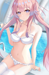 Rule 34 | 1girl, absurdres, bare arms, bare shoulders, bikini, blue nails, blush, breasts, chinese commentary, cleavage, collarbone, commentary request, genshin impact, halterneck, highres, lacia, large breasts, long hair, looking at viewer, nail polish, navel, pink hair, pool, purple eyes, sangonomiya kokomi, sitting, solo, stomach, swimsuit, thighhighs, thighs, twintails, very long hair, water, white bikini, white thighhighs