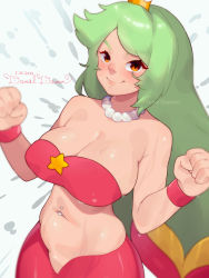 Rule 34 | 1girl, armpit crease, arms up, artist name, bare shoulders, belly, bikini, bikini top only, blush, breasts, bursting breasts, cleavage, clenched hands, closed mouth, cowboy shot, crown, daniel daimon, dated, eyelashes, fins, green hair, grey background, highres, jewelry, large breasts, lips, long hair, looking at viewer, mad (wario), mario (series), meidou (wario), mermaid, mini crown, monster girl, muffin top, navel, navel piercing, necklace, nintendo, nose, nostrils, orange eyes, pearl necklace, piercing, red bikini, red wristband, signature, smile, solo, star (symbol), stomach, swept bangs, swimsuit, thick eyebrows, wario&#039;s woods, wet, wristband
