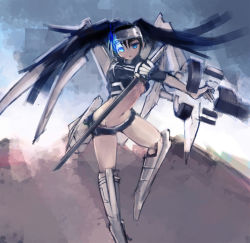 Rule 34 | 10s, 1girl, arm cannon, armor, black hair, black rock shooter, black rock shooter (character), blue eyes, forehead protector, glowing, glowing eye, katana, long hair, mecha musume, riftgarret, scar, short shorts, shorts, solo, sword, twintails, weapon, wings