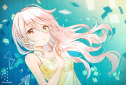 Rule 34 | 1girl, ahoge, bare arms, bare shoulders, blue background, breasts, brown eyes, closed mouth, commentary request, dress, floating hair, hair between eyes, hand up, long hair, looking at viewer, original, pink hair, rougetsu, sleeveless, sleeveless dress, small breasts, solo, twitter username, yellow dress