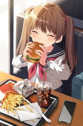Rule 34 | 1girl, absurdres, bag, bendy straw, black sailor collar, black skirt, blush, brown hair, burger, cellphone, closed eyes, cola, commentary request, couch, cup, day, disposable cup, drink, drinking straw, eating, fast food, food, french fries, highres, holding, holding food, indoors, long hair, neckerchief, on couch, original, phone, pleated skirt, red neckerchief, sailor collar, school bag, school uniform, serafuku, shirt, sitting, skirt, solo, table, twintails, uramakaron, white shirt