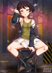 Rule 34 | 1girl, 3d background, armpits, black hair, blush, breasts, brown eyes, cleavage, collarbone, full body, girls und panzer, green tank top, highres, looking at viewer, megadeko, military, military uniform, miniskirt, on chair, ooarai military uniform, open mouth, pleated skirt, shiny skin, short hair, sitting, skirt, sleeveless, small breasts, smile, solo, sweat, tank top, uniform, utsugi yuuki, white skirt
