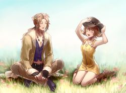 Rule 34 | 1boy, 1girl, blush, boots, breasts, brown hair, commentary request, cowboy hat, dress, final fantasy, final fantasy viii, flipped hair, gloves, hat, irvine kinneas, jacket, jewelry, necklace, open mouth, sasanomesi, selphie tilmitt, short hair, skirt, sleeveless duster, smile, square enix, yellow overalls, yellow skirt