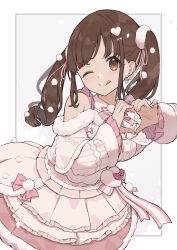 Rule 34 | 1girl, ;q, blush, brown hair, clothing cutout, fur-trimmed shirt, fur trim, hair ornament, hair ribbon, heart, heart hands, highres, idolmaster, idolmaster shiny colors, kemololi, layered skirt, looking at viewer, one eye closed, pom pom (clothes), pom pom hair ornament, ribbon, shirt, shoulder cutout, skirt, smile, solo, sonoda chiyoko, tongue, tongue out, twintails, white shirt, white skirt