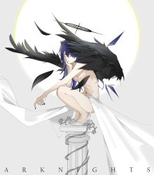 Rule 34 | 1girl, absurdres, arknights, black nails, black wings, blue eyes, blue hair, breasts, closed mouth, convenient censoring, detached wings, energy wings, feathered wings, feathers, full body, halo, hand on own cheek, hand on own face, high heels, highres, khrnnfz, long hair, looking at viewer, medium breasts, mostima (arknights), nail polish, navel, nude, pillar, smile, solo, squatting, very long hair, white footwear, wings
