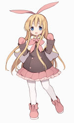 Rule 34 | 1girl, amae koromo, animal ears, blonde hair, blue eyes, blush, boots, bow, coat, fake animal ears, full body, grey background, hair bow, highres, itsumi (itumiyuo), long hair, looking at viewer, mittens, open mouth, pantyhose, pink bow, pink footwear, pink skirt, pleated skirt, rabbit ears, saki (manga), simple background, skirt, smile, solo, standing, white pantyhose