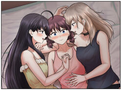 !? 3girls 5tb ahoge awa_subaru bare_arms black_choker black_hair black_panties black_tank_top blue_eyes blush choker closed_mouth commentary_request earclip from_above girl_sandwich girls_band_cry grey_eyes hand_on_another&#039;s_stomach heart holding_hands interlocked_fingers iseri_nina kawaragi_momoka light_brown_hair long_hair looking_at_another lying multiple_girls nose_blush on_back on_bed open_mouth panties pink_tail purple_eyes red_hair sandwiched shirt short_twintails sweat tank_top textless_version twintails underwear yellow_shirt yuri