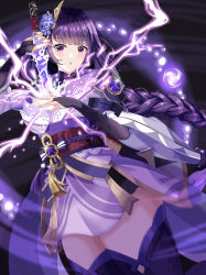 Rule 34 | 1girl, absurdres, armor, blush, braid, breasts, bridal gauntlets, commentary, electricity, english commentary, flower, genshin impact, hair ornament, highres, holding, holding sword, holding weapon, human scabbard, japanese clothes, kimono, large breasts, long hair, long sleeves, looking at viewer, mitsudomoe (shape), mole, mole under eye, nail polish, najwa ibrahimi, open mouth, purple eyes, purple flower, purple hair, purple nails, raiden shogun, ribbon, sash, shoulder armor, simple background, solo, sword, tassel, thighhighs, thighs, tomoe (symbol), weapon, wide sleeves