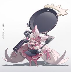 Rule 34 | 1girl, ascot, bow, character name, commentary request, creatures (company), crown, dress, dwarf, fangs, frying pan, game freak, gloves, hair bow, hair ornament, heart, heart hair ornament, highres, holding, holding frying pan, holding spatula, long hair, looking at viewer, momokaban, nintendo, open mouth, oversized object, pants, personification, pink ascot, pink bow, pink dress, pink footwear, pink gloves, pink headwear, pink pants, pointy ears, pokedex number, pokemon, pouch, shadow, shoes, simple background, solo, spatula, tinkaton, twintails, very long hair, white background