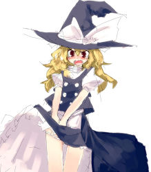 Rule 34 | 1girl, blonde hair, blush, female focus, hat, kirisame marisa, ribbon, skirt, solo, touhou, ukyo rst, white background