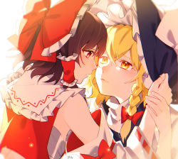 Rule 34 | 2girls, bow, braid, brown hair, detached sleeves, diamond-shaped pupils, diamond (shape), eye contact, frilled shirt collar, frills, hair bow, hair ribbon, hair tubes, hakurei reimu, hat, highres, holding another&#039;s arm, imminent kiss, jill 07km, kirisame marisa, large bow, looking at another, lovestruck, multiple girls, red eyes, ribbon, ribbon-trimmed sleeves, ribbon trim, sarashi, side braid, single braid, symbol-shaped pupils, touhou, tress ribbon, turtleneck, vest, witch hat, yellow eyes, yuri