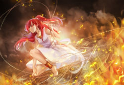 Rule 34 | 1girl, ankle cuffs, anklet, barefoot, chain, dress, fire, highres, huazha01, jewelry, long hair, magi the labyrinth of magic, morgiana, red eyes, red hair, side ponytail, solo