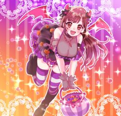 Rule 34 | 1girl, arm garter, bag, black gloves, blush, breasts, brown hair, cleavage, collarbone, demon horns, demon wings, frilled skirt, frills, gloves, hanasaki rine, heart, highres, holding, holding bag, horns, idolmaster, idolmaster shiny colors, lace background, large breasts, layered skirt, leaning forward, long hair, looking at viewer, outline, red eyes, see-through, see-through shirt, skirt, smile, solo, sonoda chiyoko, sparkle, star sticker, sticker on face, straight hair, striped clothes, striped thighhighs, thighhighs, very long hair, white outline, wings, zettai ryouiki
