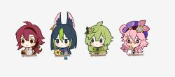 Rule 34 | &gt;:), 2boys, 2girls, :3, ahoge, animal ears, artist name, black hair, blue hair, blunt ends, blush stickers, chibi, closed mouth, collei (genshin impact), commentary, crossed bangs, dori (genshin impact), dot mouth, earrings, english commentary, flower, fox boy, fox ears, genshin impact, glasses, green hair, grey background, hair between eyes, hand on own face, hat, jewelry, long hair, melanbread, multicolored hair, multiple boys, multiple girls, no pupils, pink-tinted eyewear, ponytail, purple headwear, red hair, shikanoin heizou, short hair, simple background, single earring, smile, streaked hair, symbol-shaped pupils, tassel, tighnari (genshin impact), tinted eyewear, triangular eyewear, twitter username, upper body, v-shaped eyebrows, watermark, x-shaped pupils, yellow flower