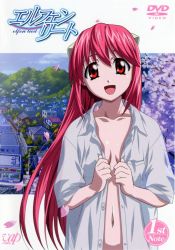 Rule 34 | 00s, 1girl, :d, cherry blossoms, cityscape, cover, dvd cover, elfen lied, flat chest, happy, highres, horns, kaede (character), kishimoto seiji, long hair, lucy (elfen lied), navel, no bra, nyuu, official art, open clothes, open mouth, open shirt, petals, pink hair, red eyes, shirt, smile, solo, very long hair