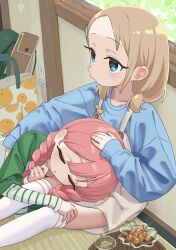 Rule 34 | 2girls, blue eyes, blue sweater, bouen, braid, cherry, closed eyes, commission, expressionless, food, fruit, green shirt, hand on another&#039;s head, highres, indoors, lap pillow, light brown hair, long hair, multiple girls, on floor, original, parted lips, pink hair, shirt, short hair, short twintails, skeb commission, skirt, sleeping, suspender skirt, suspenders, sweater, tatami, thighhighs, twin braids, twintails, white thighhighs