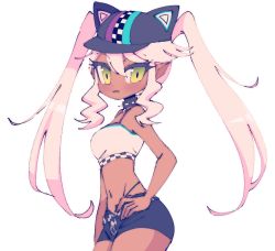 Rule 34 | 1girl, baseball cap, becky kurosawa, black choker, black hat, black shorts, breasts, choker, commentary, dark-skinned female, dark skin, english commentary, green eyes, hair behind ear, hand on own hip, hat, highres, indie virtual youtuber, lyn mametchi, medium breasts, midriff, navel, open clothes, open shorts, pointy ears, shorts, sidelocks, silver hair, solo, spiked choker, spikes, twintails, virtual youtuber